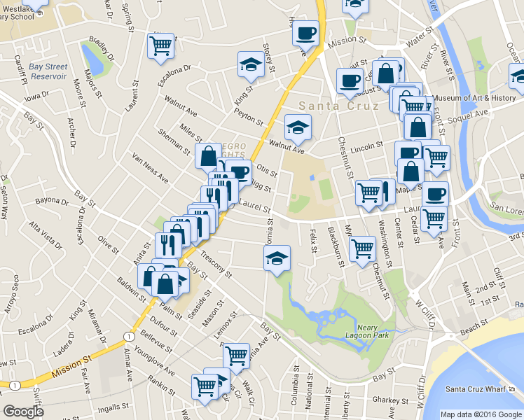 map of restaurants, bars, coffee shops, grocery stores, and more near 1113 Laurel Street in Santa Cruz