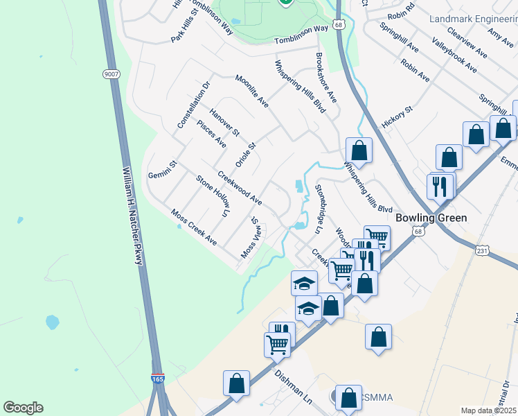 map of restaurants, bars, coffee shops, grocery stores, and more near 285 Creekwood Avenue in Bowling Green
