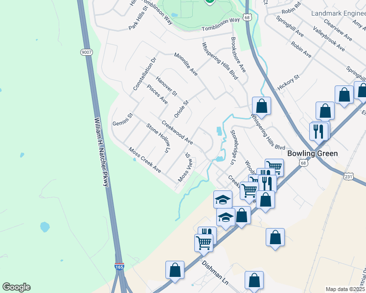 map of restaurants, bars, coffee shops, grocery stores, and more near 285 Creekwood Avenue in Bowling Green
