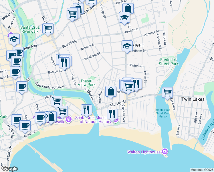 map of restaurants, bars, coffee shops, grocery stores, and more near 215 Cayuga Street in Santa Cruz