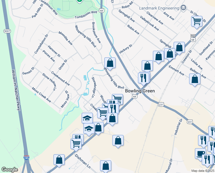 map of restaurants, bars, coffee shops, grocery stores, and more near 125 Hillridge Court in Bowling Green
