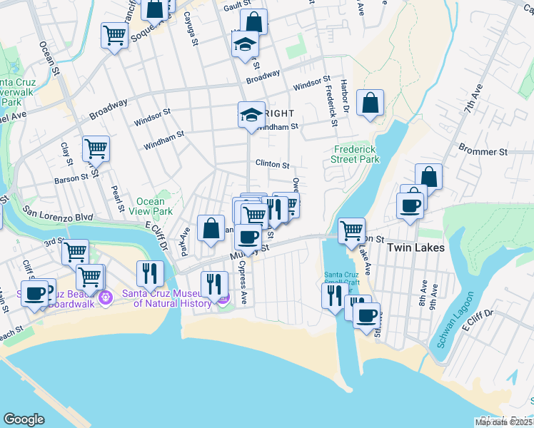 map of restaurants, bars, coffee shops, grocery stores, and more near 209 Bronson Street in Santa Cruz