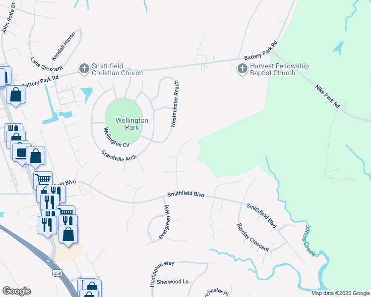 map of restaurants, bars, coffee shops, grocery stores, and more near 120 Minton Way in Smithfield