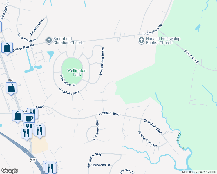 map of restaurants, bars, coffee shops, grocery stores, and more near 120 Minton Way in Smithfield