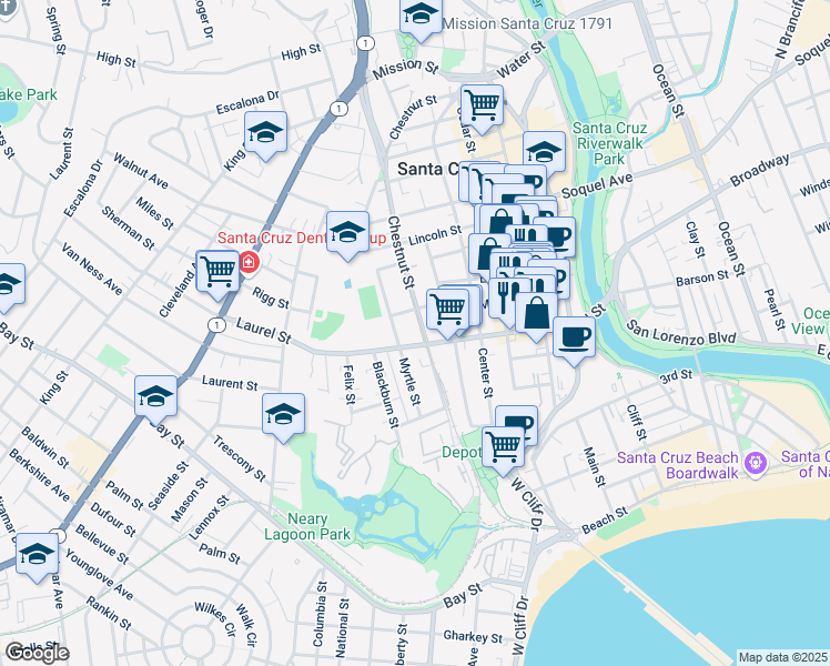 map of restaurants, bars, coffee shops, grocery stores, and more near 602 Laurel Street in Santa Cruz