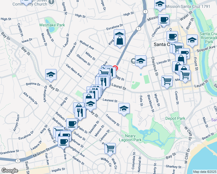 map of restaurants, bars, coffee shops, grocery stores, and more near 1211 Mission St in Santa Cruz