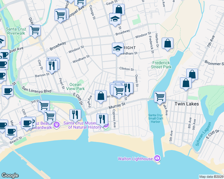 map of restaurants, bars, coffee shops, grocery stores, and more near in Santa Cruz