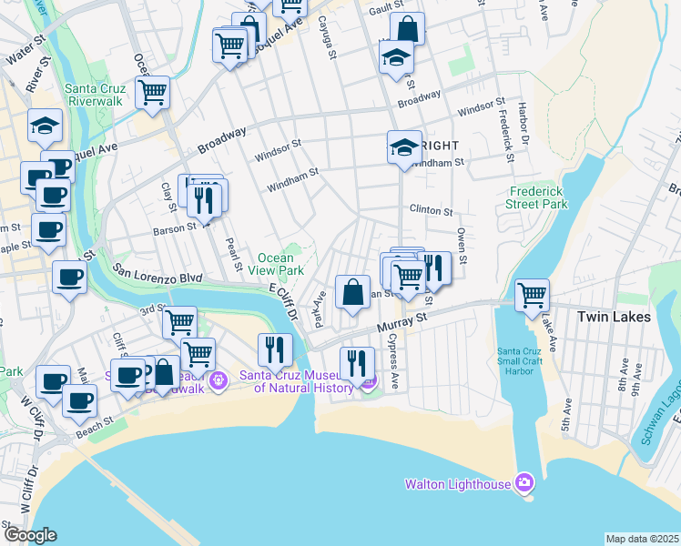 map of restaurants, bars, coffee shops, grocery stores, and more near 211 Seaview Avenue in Santa Cruz