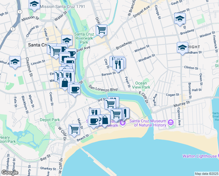 map of restaurants, bars, coffee shops, grocery stores, and more near 500 Riverside Avenue in Santa Cruz