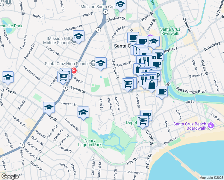 map of restaurants, bars, coffee shops, grocery stores, and more near 215 Myrtle Street in Santa Cruz