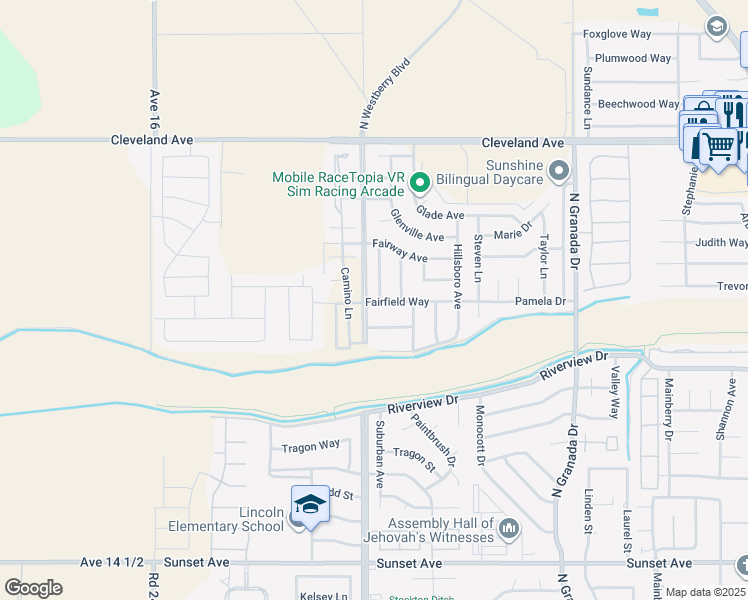 map of restaurants, bars, coffee shops, grocery stores, and more near 1416 Larrete Avenue in Madera