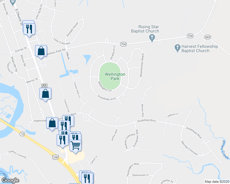 map of restaurants, bars, coffee shops, grocery stores, and more near 244 Wellington Circle in Smithfield