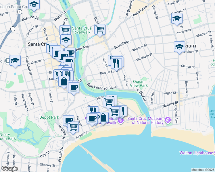 map of restaurants, bars, coffee shops, grocery stores, and more near 500 Riverside Avenue in Santa Cruz