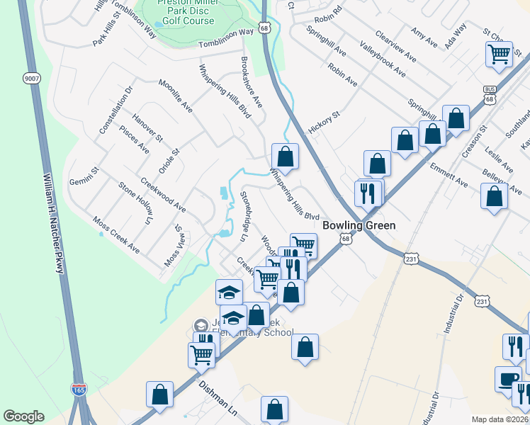 map of restaurants, bars, coffee shops, grocery stores, and more near 2448 Stonebridge Lane in Bowling Green