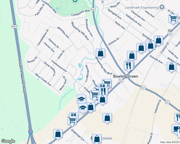 map of restaurants, bars, coffee shops, grocery stores, and more near 2448 Stonebridge Lane in Bowling Green