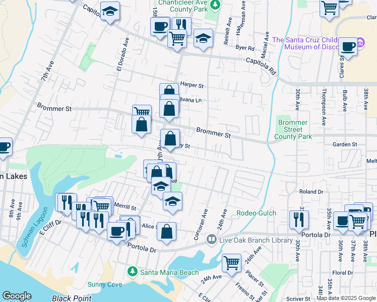 map of restaurants, bars, coffee shops, grocery stores, and more near 1940 Kinsley Street in Santa Cruz