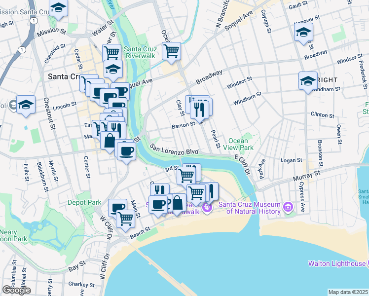 map of restaurants, bars, coffee shops, grocery stores, and more near 120 San Lorenzo Boulevard in Santa Cruz