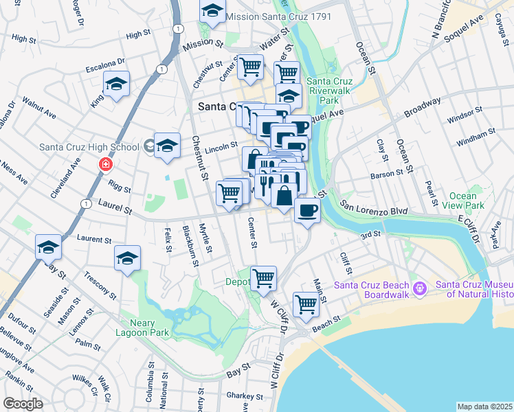 map of restaurants, bars, coffee shops, grocery stores, and more near 309 Laurel Street in Santa Cruz