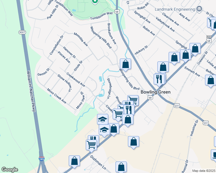 map of restaurants, bars, coffee shops, grocery stores, and more near 2505 Stonebridge Lane in Bowling Green
