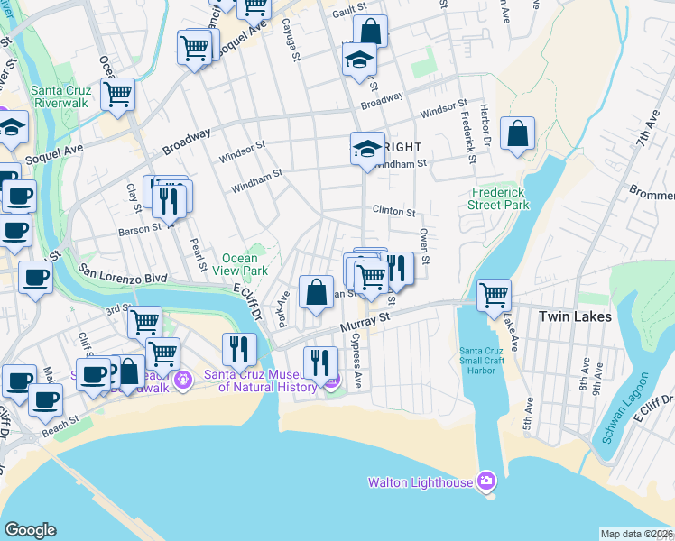 map of restaurants, bars, coffee shops, grocery stores, and more near 228 Mountain View Avenue in Santa Cruz