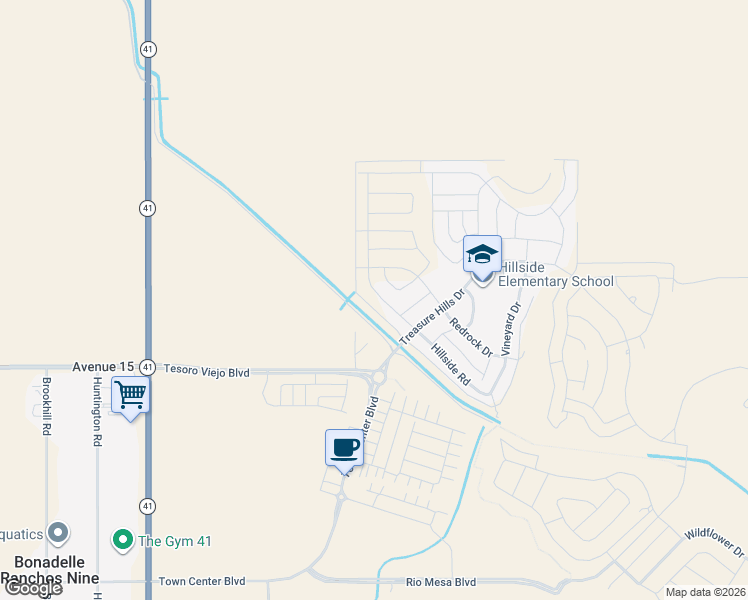 map of restaurants, bars, coffee shops, grocery stores, and more near Hillside Road in Friant