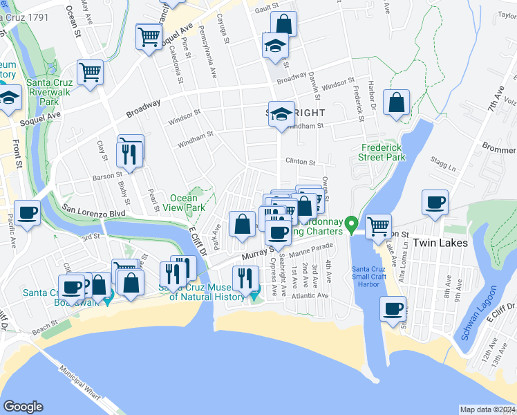 map of restaurants, bars, coffee shops, grocery stores, and more near 219 Mountain View Avenue in Santa Cruz