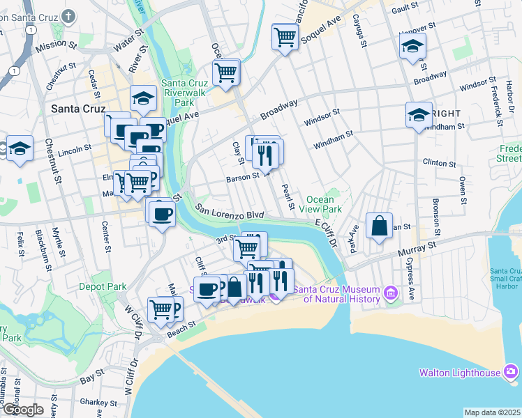 map of restaurants, bars, coffee shops, grocery stores, and more near 123 Bixby Street in Santa Cruz