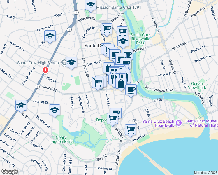 map of restaurants, bars, coffee shops, grocery stores, and more near 309 Laurel Street in Santa Cruz
