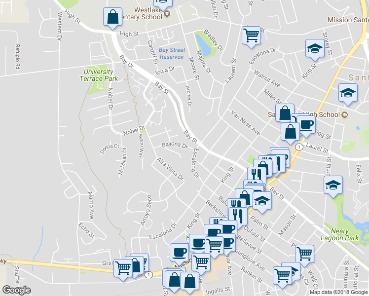 map of restaurants, bars, coffee shops, grocery stores, and more near 121 Bayona Drive in Santa Cruz