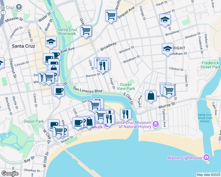 map of restaurants, bars, coffee shops, grocery stores, and more near 112 Ocean Street in Santa Cruz