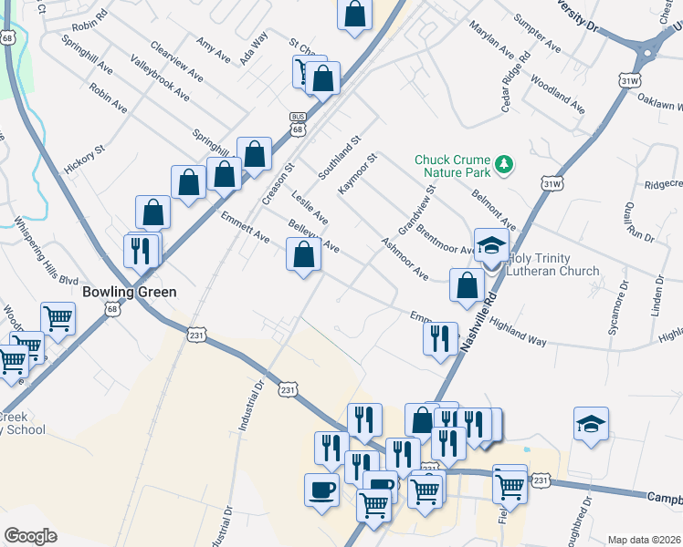 map of restaurants, bars, coffee shops, grocery stores, and more near 2221 Grandview Street in Bowling Green
