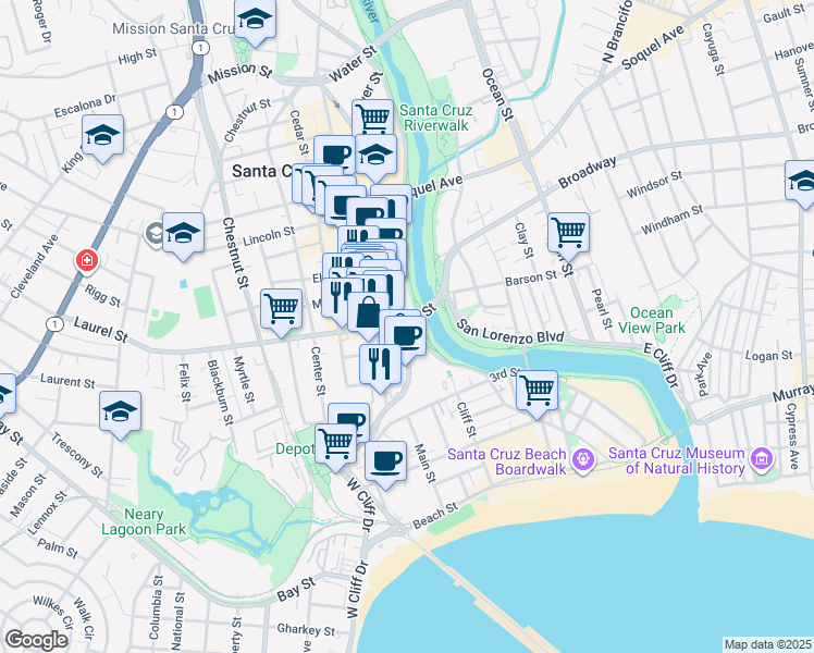map of restaurants, bars, coffee shops, grocery stores, and more near 220 Front St in Santa Cruz