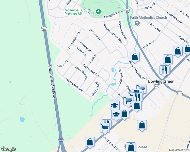 map of restaurants, bars, coffee shops, grocery stores, and more near 303 Creekwood Avenue in Bowling Green
