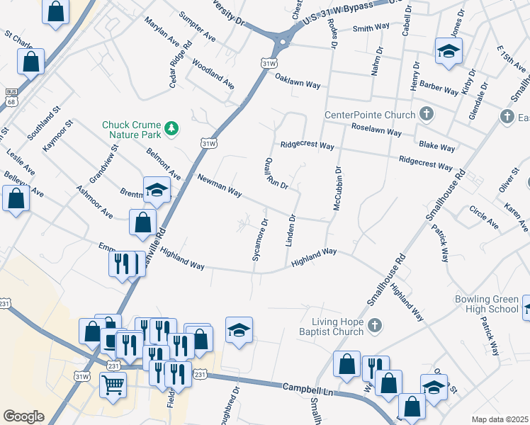 map of restaurants, bars, coffee shops, grocery stores, and more near 2103 Sycamore Drive in Bowling Green