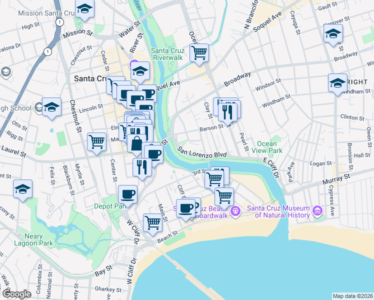 map of restaurants, bars, coffee shops, grocery stores, and more near 248 San Lorenzo Boulevard in Santa Cruz