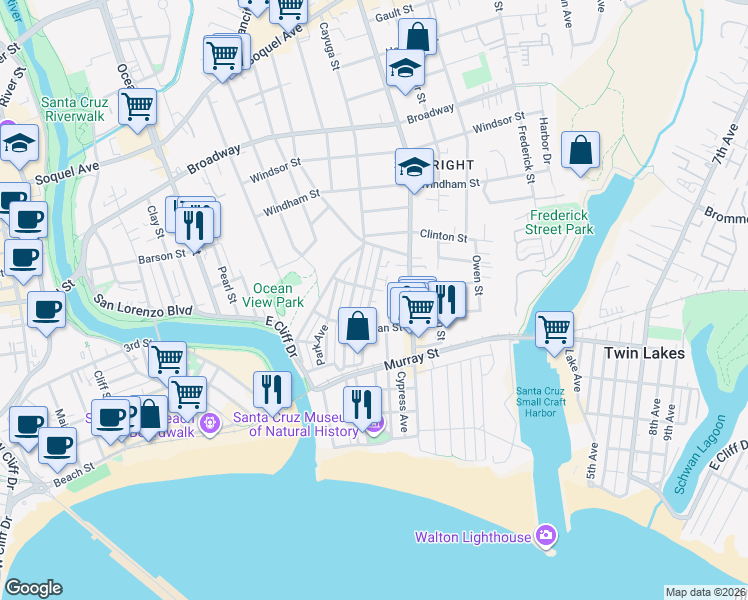 map of restaurants, bars, coffee shops, grocery stores, and more near 228 Mountain View Avenue in Santa Cruz