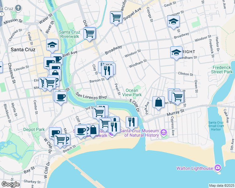map of restaurants, bars, coffee shops, grocery stores, and more near 123 Pearl Street in Santa Cruz