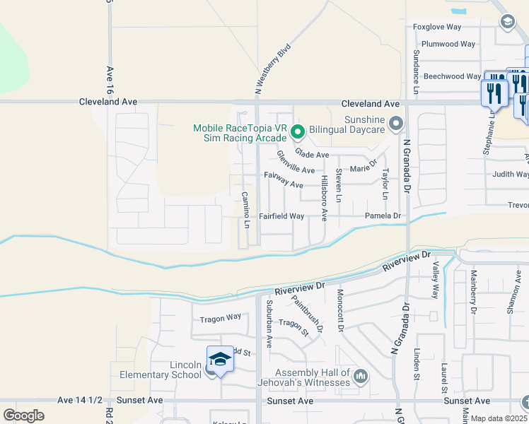map of restaurants, bars, coffee shops, grocery stores, and more near 1416 Larrete Avenue in Madera