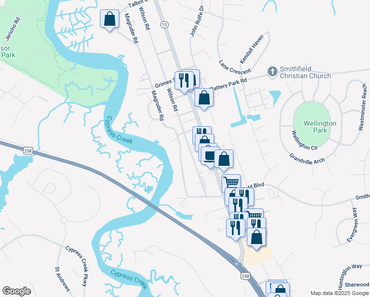 map of restaurants, bars, coffee shops, grocery stores, and more near 1499 Magruder Road in Smithfield