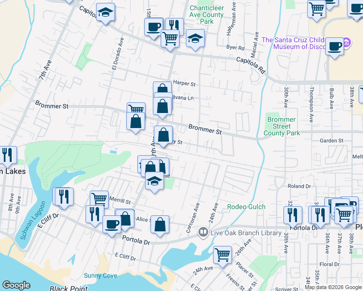map of restaurants, bars, coffee shops, grocery stores, and more near 1940 Kinsley Street in Santa Cruz