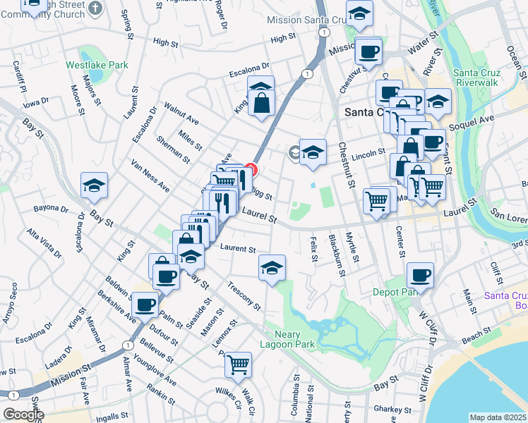 map of restaurants, bars, coffee shops, grocery stores, and more near 1113 Laurel Street in Santa Cruz