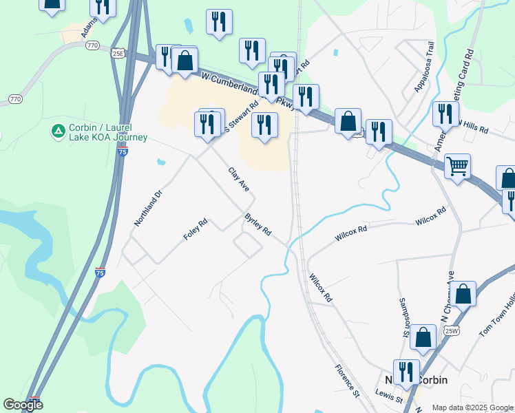 map of restaurants, bars, coffee shops, grocery stores, and more near 244 Clay Avenue in Corbin