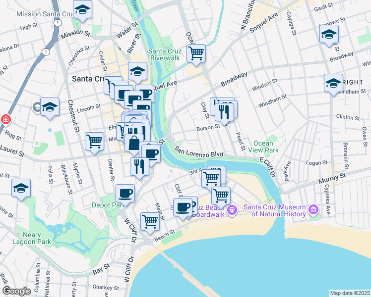map of restaurants, bars, coffee shops, grocery stores, and more near 299 San Lorenzo Boulevard in Santa Cruz