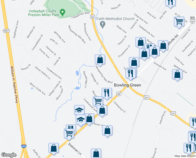 map of restaurants, bars, coffee shops, grocery stores, and more near 125 Hillridge Court in Bowling Green