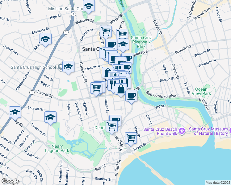 map of restaurants, bars, coffee shops, grocery stores, and more near 309 Laurel Street in Santa Cruz