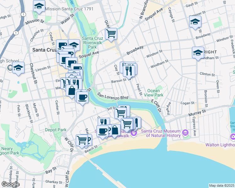 map of restaurants, bars, coffee shops, grocery stores, and more near 500 Riverside Avenue in Santa Cruz