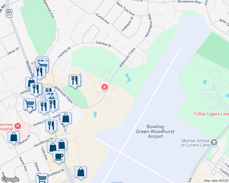 map of restaurants, bars, coffee shops, grocery stores, and more near 850 Wilkinson Trace in Bowling Green