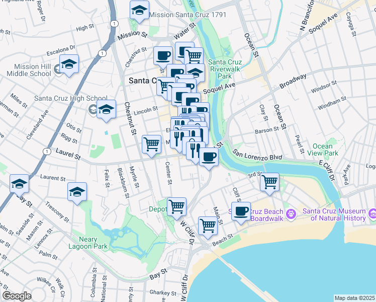 map of restaurants, bars, coffee shops, grocery stores, and more near in Santa Cruz