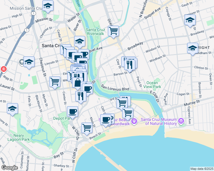 map of restaurants, bars, coffee shops, grocery stores, and more near 238 San Lorenzo Boulevard in Santa Cruz