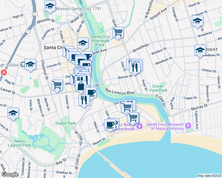 map of restaurants, bars, coffee shops, grocery stores, and more near 238 San Lorenzo Boulevard in Santa Cruz